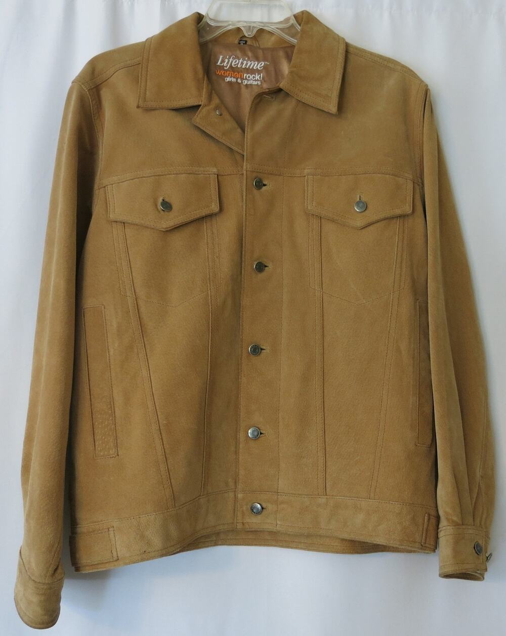 Vintage LIFETIME WOMEN ROCK! GIRLS GUITARS Suede Jacket Size S Tan Y2K Music